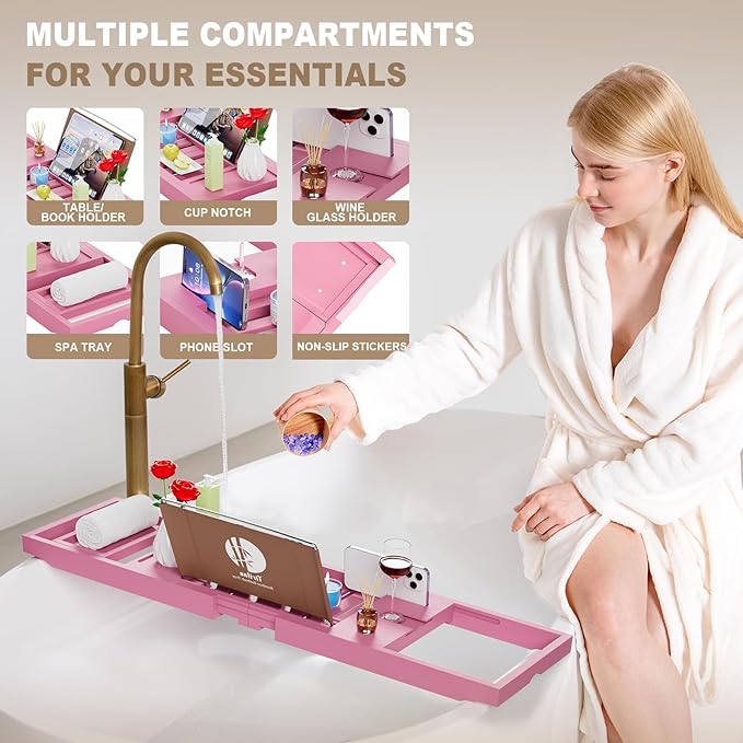 Yirilan Foldable Bathtub Caddy, Expandable Bath Caddy Tray, Unique House Warming Gifts, New Home, Anniversary and Wedding Gifts for Couple, Pink