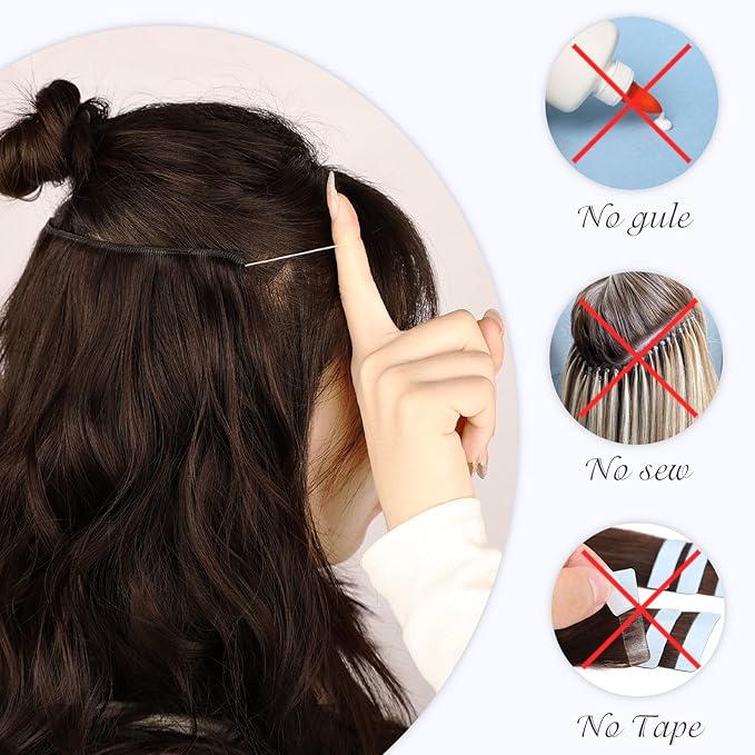 MORICA Invisible Wire Hair Extensions - 20 Inch Ombre Blonde Long Wavy Synthetic Hairpiece with Transparent Wire Adjustable Size, 4 Secure Clips for Women