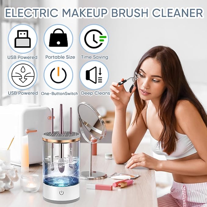Makeup Brush Cleaner Machine, Upgraded Portable Electric Makeup Brush Cleaner Machine, Automatic Cosmetic Brush Cleaner for Quick & Efficient Cleaning, Suitable for All Brush Sizes(White)