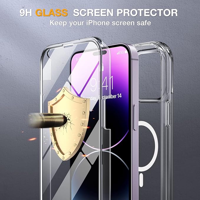 Miracase Glass Series Designed for iPhone 14 Pro Max Case 6.7 Inch, Upgrade Full-Body Magnetic Case with Built-in 9H Tempered Glass Screen Protector, with Camera Lens Protector, Magnetic Clear