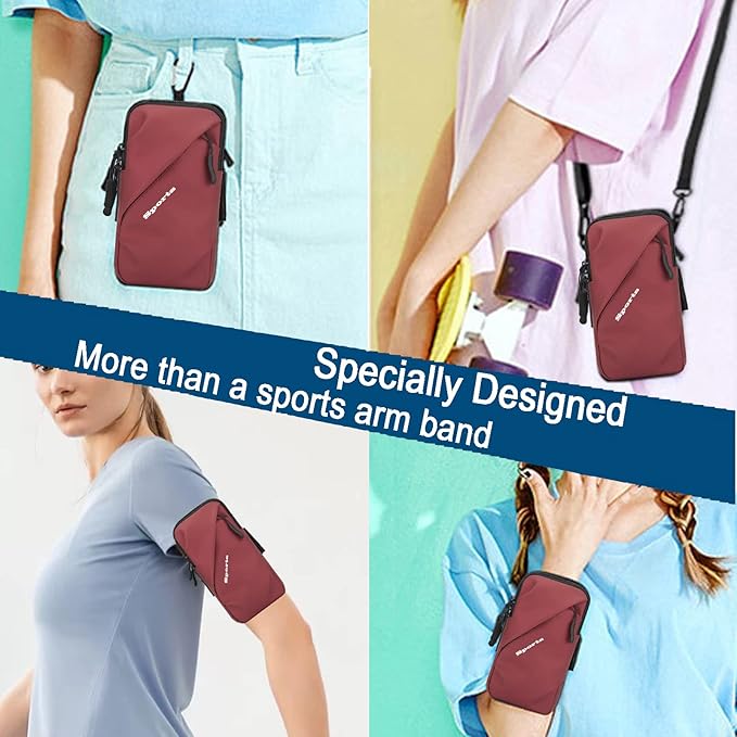 Cell Phone Holder, Small Crossbody Shoulder Holsters Bag with Arm Band, Fits iPhone and Android, Use for Running, Walking, Hiking & Biking (6.7 Inches, Red)