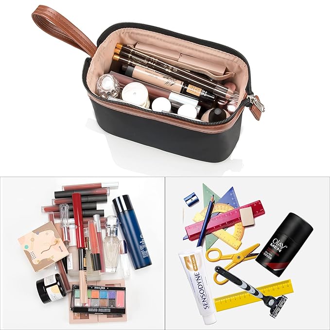 OCHEAL Travel Makeup Bag, Small Cosmetic Bags for Women,Large Capacity Portable Cosmetic bag Storage Organizer for Purse Everyday Use (Small,Black-Brown)