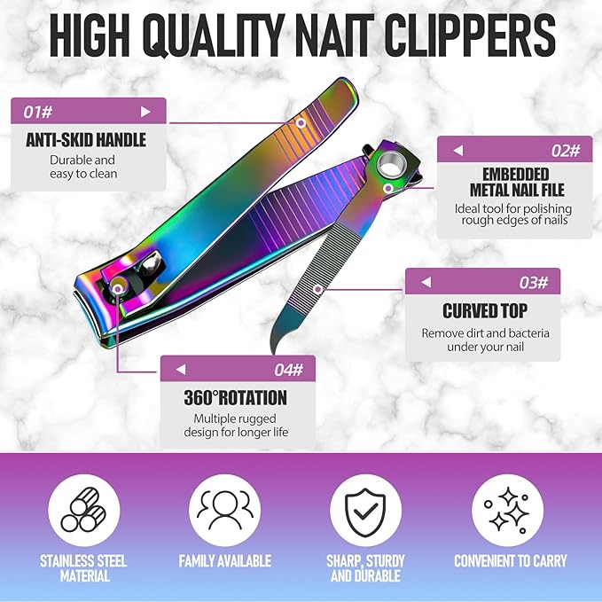 Nail Clipper Set, Sturdy Stainless Steel Fingernails & Toenails Clippers & Nail File, Sharp Effortless Fingernail Toenail Trimmer, Portable Nail Cutter for Women Men(Rainbow)