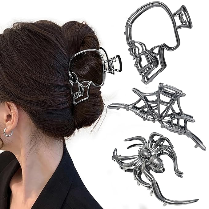 3 Pieces Large Metal Spider Net Hand Hair Claw Clips for Women and Girls Thick Long Hair, Nonslip Skeleton Spooky Barrette Headband Hair Styling Accessories for Halloween Christmas Gifts