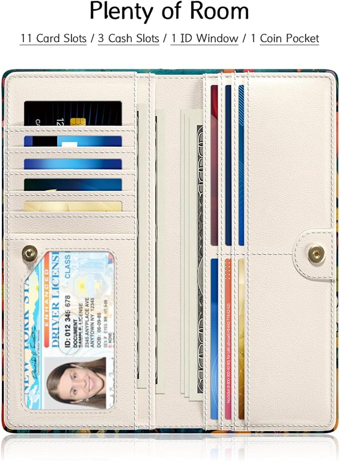 Nipichsha Womens Wallet, RFID Slim Wallets for Women, Thin Ladies Credit Card Holder Purse, Cute Leather Bifold Clutch Billfold with 11 Card Slots & ID Window, Flowers Cat
