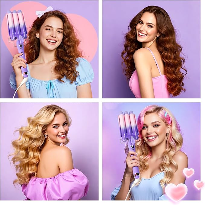 3 Barrel Curling Iron Hair Crimper: Aleath Dual Voltage Adjustable Temperature Three Barrels Hair Waver - Ceramic 1 inch Curler Wand(Purple)