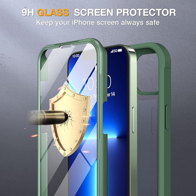 Miracase Glass Case for iPhone 13 Pro Max 6.7 inch, Upgrade Full-Body Clear Bumper Case with Built-in 9H Tempered Glass Screen Protector (Acacia Green)