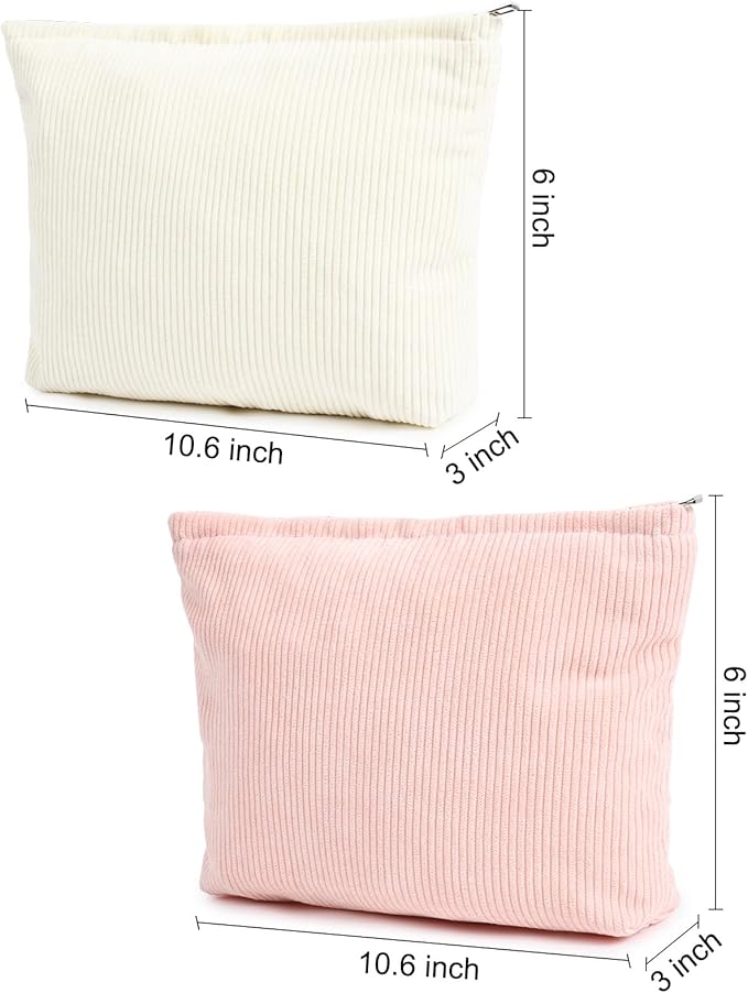 2 Pieces Corduroy Makeup Bag Large Corduroy Cosmetic Bag Capacity Canvas Travel Toiletry Bag Organizer Cute Makeup Brushes Aesthetic Accessories Storage Bag for Women, Corduroy L White Pink