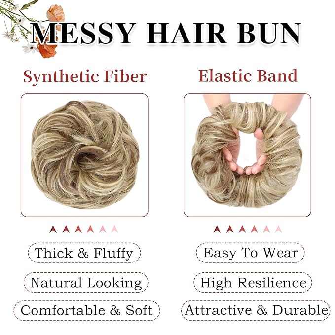 MORICA 1PCS Messy Hair Bun Hair Scrunchies Extension Curly Wavy Synthetic Chignon Hairpieces for Women(86H10#(Light Blonde & Light Brown))
