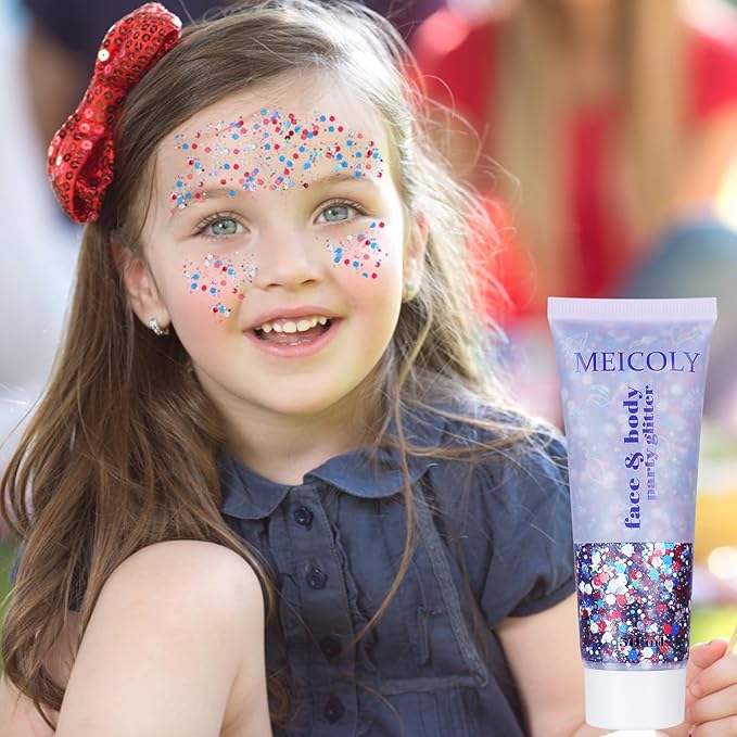 MEICOLY Red White and Blue Body Glitter,4th of July Accessories,4th of July Outfits for Women Kids,Fourth of July Patriotic Face Glitter for Independence Day President's Day Patriotic Veterans Day