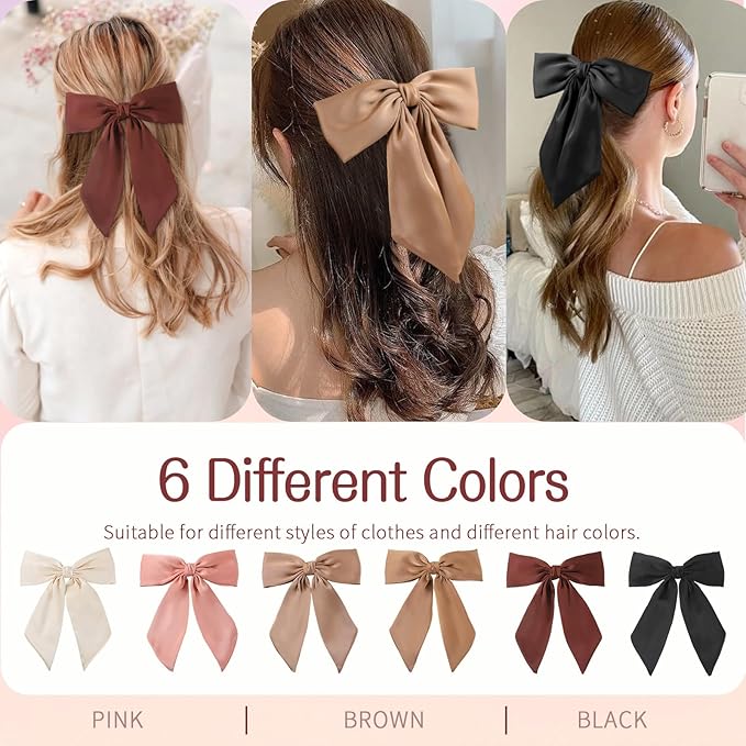 6 PCS Hair Bows for Women, Big Bow Hair Clips for Girls, Silky Satin Hair Bow Clips Oversized, Large Cute Aesthetic Hair Accessories Gifts