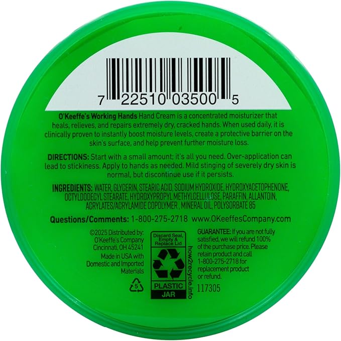 O'Keeffe's Working Hands Hand Cream for Extreme Dryness - 3.4 oz Jar (1 Pack) - Repairing Skincare for Cracked, Dry Hands