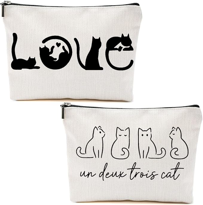 2pcs Cute Cat Themed Gifts Makeup Bags for Women, Cute Cats Minimalism Cosmetic Bag Travel Zipper Pouch for Sister Bestie, Christmas Birthday Gifts for Women Girls Cat Mom, Black and White Cats