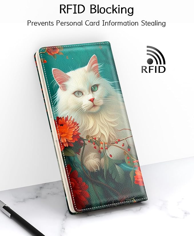 Nipichsha Womens Wallet, RFID Slim Wallets for Women, Thin Ladies Credit Card Holder Purse, Cute Leather Bifold Clutch Billfold with 11 Card Slots & ID Window, Elegant Cat