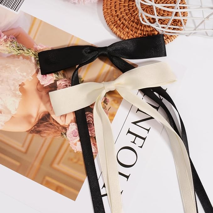 4 PCS Tassel Ribbon Bowknot Hair Clips With Long Tail for Women Girl Teens Kids, Solid Holder Fashion Bow Bowknot Hair Accessories Headwear Barrettes Claw(Black&Beige)