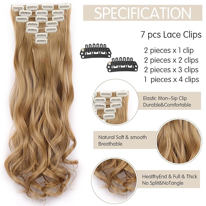 22 Inch Clip In Hair Extensions 7 PCS Long Wavy Synthetic Blonde Hair Extension & Natural Soft Invisible Clip Thick Hairpieces for Women Daily(20Inch, 7pcs, Blonde)