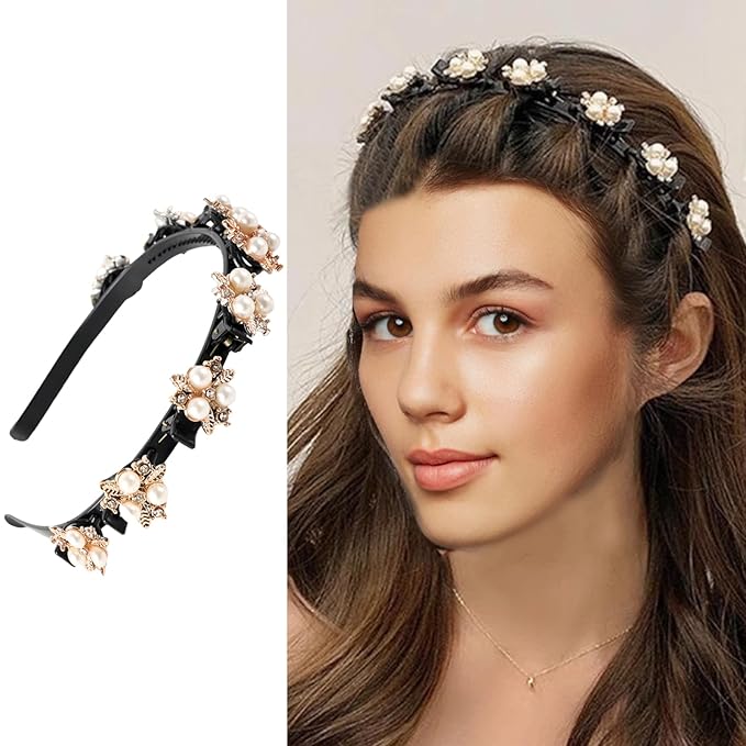 9PCS Rhinestone Braided Hair Clips, Sparkling Crystal Pearls Hair Barrettes, Pearl Headband with Clips, for Women and Girls Hair Styling Accessories