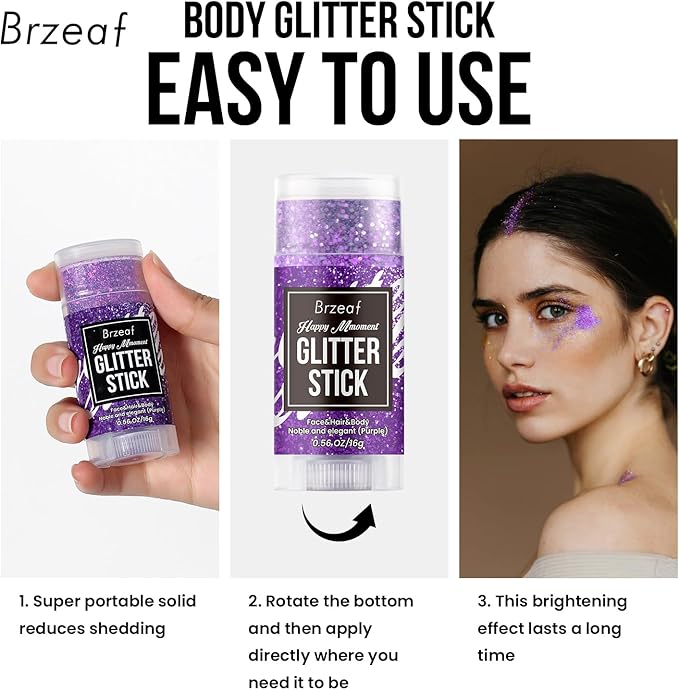 Brzeaf Waterproof Purple Glitter Stick, Not Greasy & Shimmery & Long Lasting, Chunky Glitter for Face/Body/Hair/Eyes, Singer Concert Music Rave Festival, Glitter Stick Makeup for Women Men