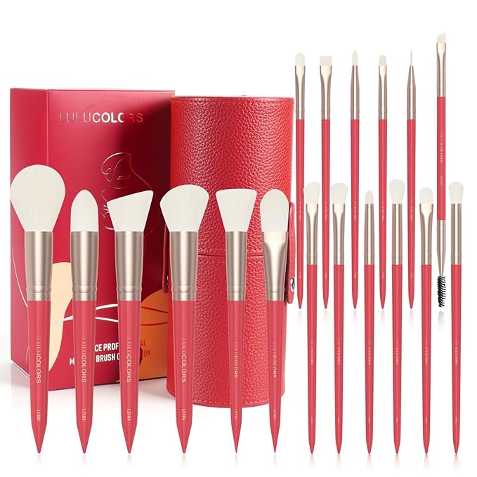 18-Piece Makeup Brush Set with Holder Case – Complete Makeup Brush Collection for Flawless Makeup Application in Red -Soft Bristles (Red)