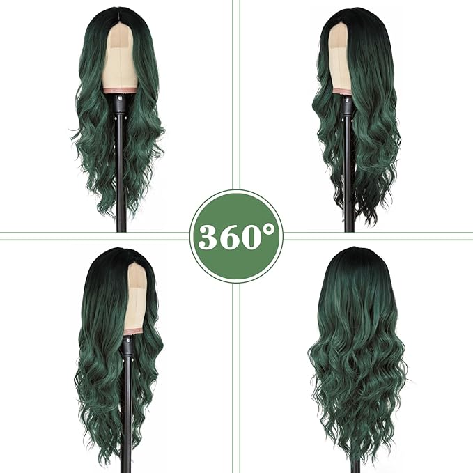 NAYOO Long Ombre Green Wavy Wig for Women 26 Inch Middle Part Curly Wavy Wig Natural Looking Synthetic Heat Resistant Fiber for Daily Party Use (Ombre Green)