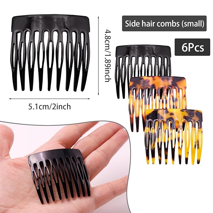 6 Pcs French Hair Side Combs Small Decorative French Twist Hair Styling Accessories, Strong Hold Hair Comb Clips for Women (Bllack, Yellow Acetate, Red Acetate)