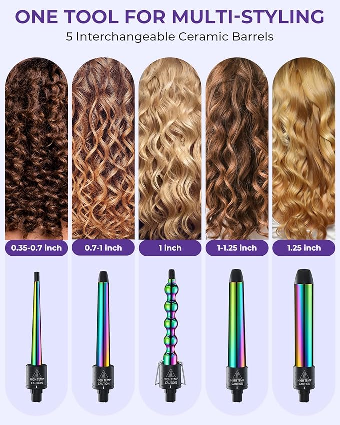 5 in 1 Curling Wand Set: Ohuhu Curling Iron Wand 5Pcs 0.35 to 1.25 Inch Interchangeable Ceramic Barrel Heat Protective Glove 2 Clips Dual Voltage Hair Curler for Girls Women Mother Gift Rainbow