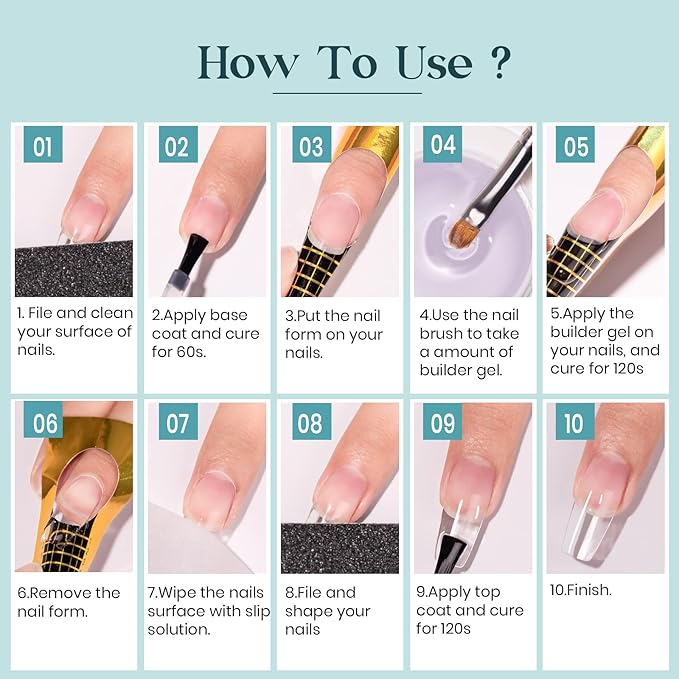 MIZHSE Builder Gel For Nails - 60g Clear Hard Gel For Extension, Strengthen, Art Manicure Kit With 100pcs Forms And Brush