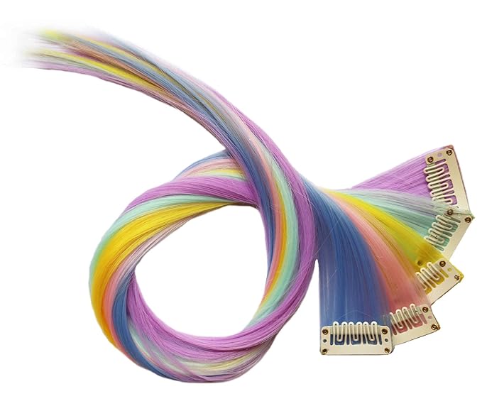 10 PCS Colored Hair Extensions, Multi-colors Party Highlights Clip in Heat-Resistant Synthetic Hair Extensions 20 Inch (Light blue Light pink Light green Light purple Yellow)