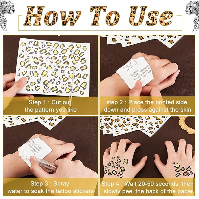OLYCRAFT 10 Sheets Temporary Cheetah Leopard Print Tattoo Stickers 5x6 Inch Face Stickers Removable for Women Art Party Decor Halloween Costume Black & Gold