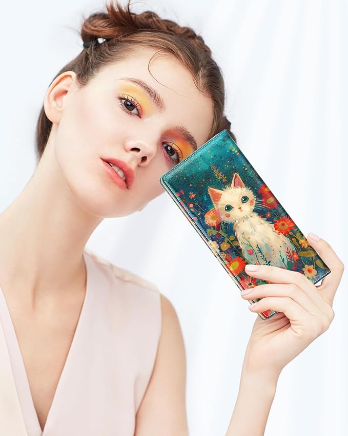 Nipichsha Womens Wallet, RFID Slim Wallets for Women, Thin Ladies Credit Card Holder Purse, Cute Leather Bifold Clutch Billfold with 11 Card Slots & ID Window, Flowers Cat