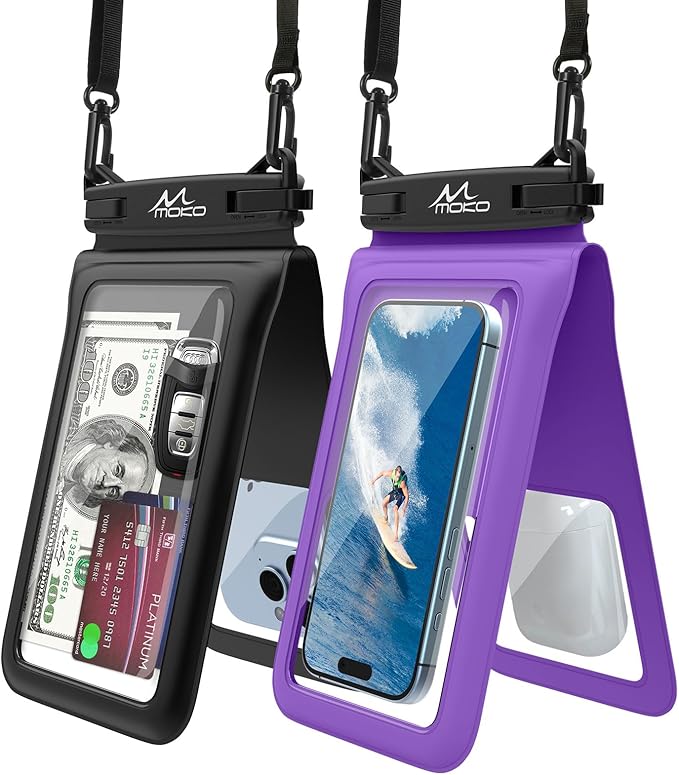 MoKo Double Case Waterproof Phone Pouch, 2Pack Waterproof Phone Case Dry Bag with Adjustable Lanyard Compatible with iPhone 15 14 Pro Max Galaxy S23 Ultra/Note 20 Ultra Up to 7 Inches, Black+Purple