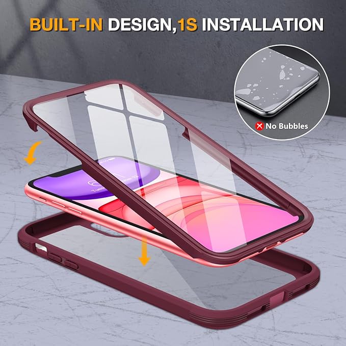Miracase Glass Series for iPhone 11 - Full-Body Rugged Protective Case with Built-in 9H Tempered Glass Screen Protector and Camera Lens Protector, Wine Red