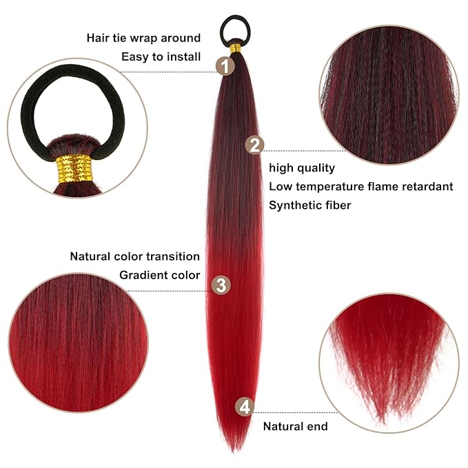 2 Pack Braid Ponytail Extension with Elastic Tie Straight Sleek Wrap Around Braid Wig Ponytail Black Red gradient 26 Inch (Black/Red)