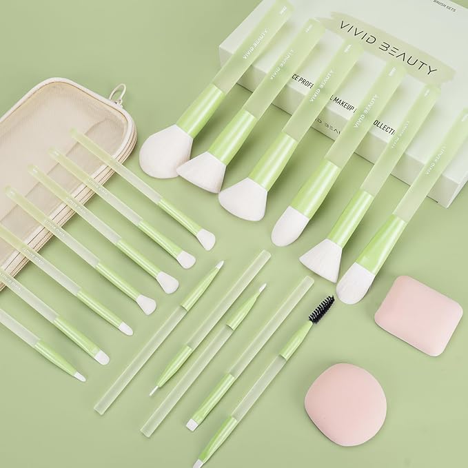 18pcs Colorful Makeup Brush Set with Make up Bag and Sponge Applicators for Liquid Foundation - Professional Cosmetics Tools Blush Blending Blender Brushes Gift Pack (Green)