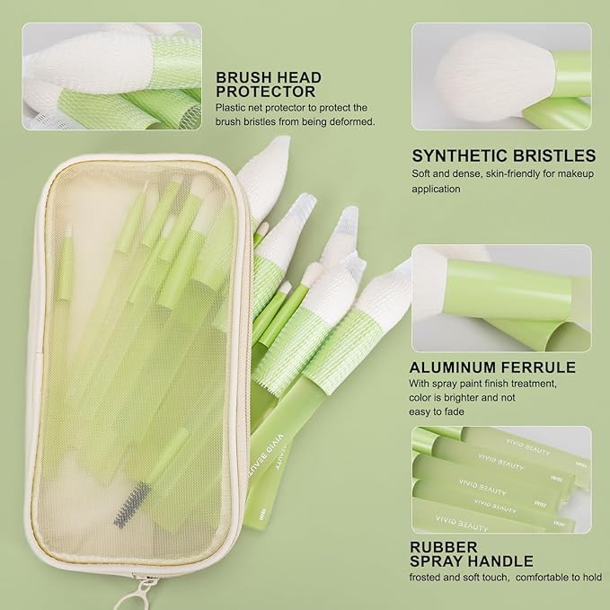 18pcs Colorful Makeup Brush Set with Make up Bag and Sponge Applicators for Liquid Foundation - Professional Cosmetics Tools Blush Blending Blender Brushes Gift Pack (Green)