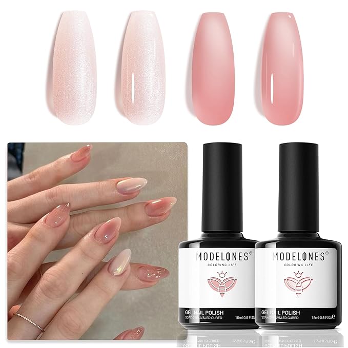 modelones Gel Nail Polish Set 2 Pcs 15 ML Nude Pink Translucent Sheer Glitter French Tip Gel Polish Soak Off LED For Nail Art DIY Shimmer French Manicure At Home For Women Girls