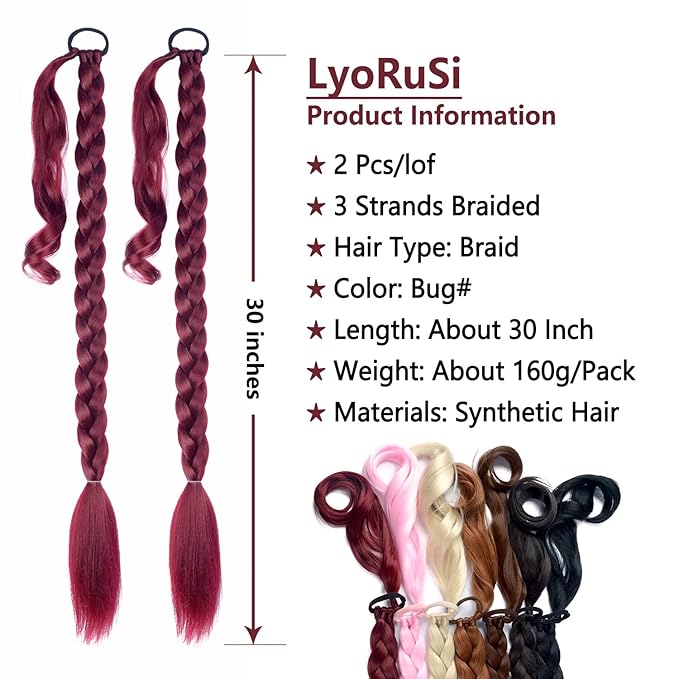 2 Pack Long DIY Braided Ponytail Extension with Hair Tie Straight Wrap Around Hair Extensions Ponytail(bug#)
