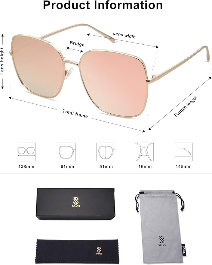 SOJOS Trendy Oversized Square Metal Frame Sunglasses for Women Men Retro Big Flat Lens UV Protection Sunglasses SJ1146