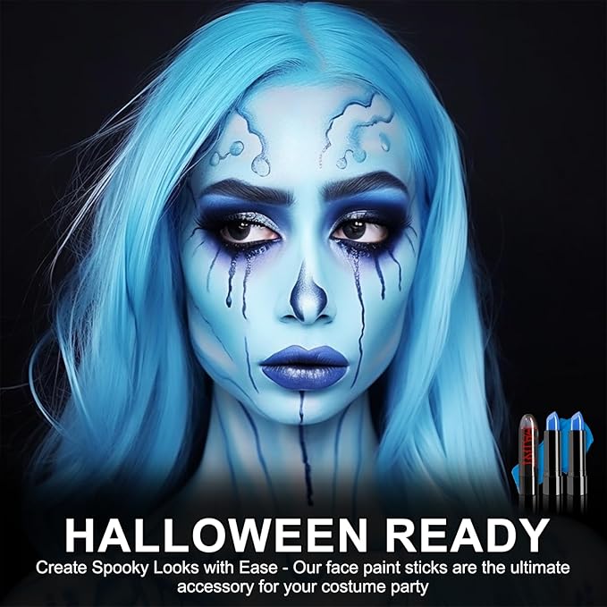 2 Pcs Blue Eye Black Softball Football Baseball Lacrosse, Cream Face Body Paint Stick Halloween SFX Avatar Smurf Mystique Clown Cosplay Makeup Kit, Eyeblack Sticks for Sports Special Effects
