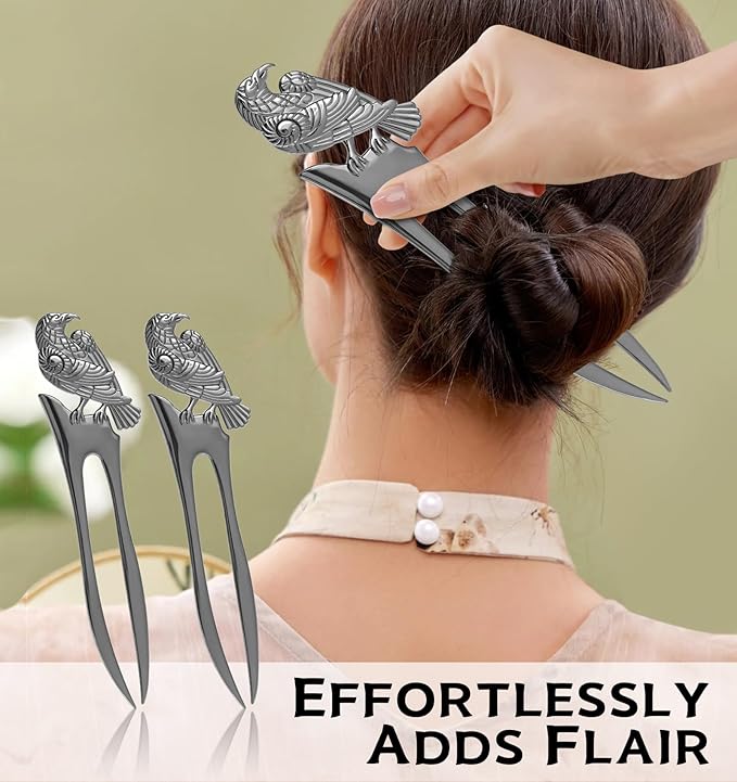 2pcs Metal Gray Raven Forks Styling Pins Black Wicca Witch Hair Stick Slide Renaissance Festival Hair Acceossories for Women 07