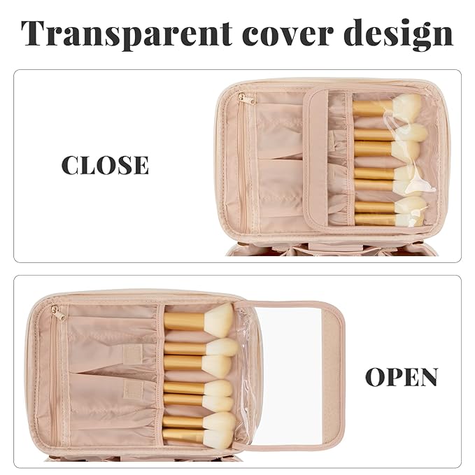 OCHEAL Makeup Bag, Portable Cosmetic Bag, Large Capacity Travel Case Organizer, Makeup Bags For Women Toiletry Bag for Girls Traveling With Handle and Divider- Beige Large