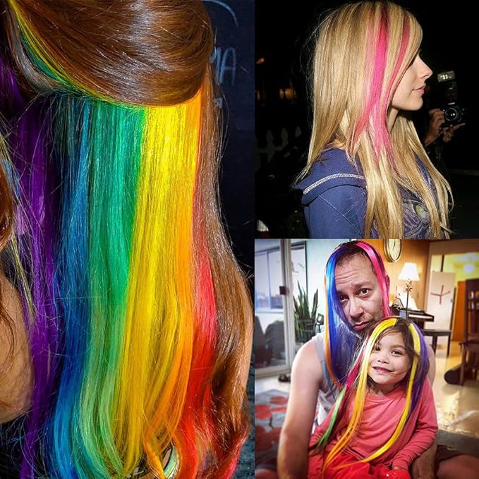 32Packs Colored Hair Extensions 20Inch Straight Color Clip in on Hair Extension Rainbow Party Highlights Synthetic Hairpiece for Girls (16 colors)
