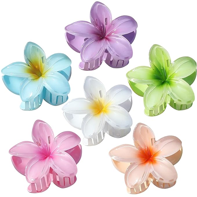 Hawaiian Plumeria Hair Accessories - 6 Pack Large Claw Clips for Thick and Thin Hair, Beach Tropical Hair Clips for Women and Girls -Hawaiian