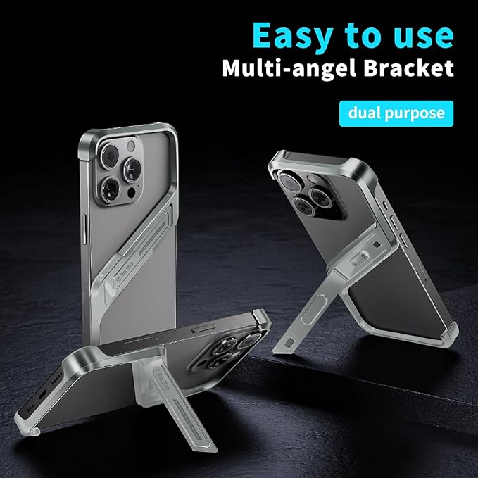 Lightweight Aluminum Alloy Shockproof Frame Case for iPhone 15 Pro Max Metal Bumper Cover with Hidden Stand (Gray)
