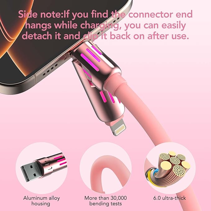 4-in-1 Universal Multi USB Charging Cable – 240W Max Fast Charger Cord with Multiple Connectors for iPhone 16/15/14/13, iPad, Samsung, MacBook, Tablets & More (Pink, 6.6Ft)
