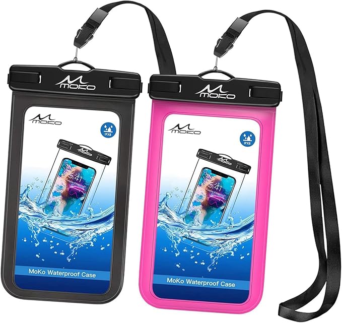 MoKo Waterproof Phone Pouch Holder 2Pack, Underwater Cellphone Case Dry Bag with Lanyard Armband Compatible with iPhone 16 15 14 13 12 11 Pro Max X/Xr/Xs/SE 3, Samsung S24/S23/S21/S10, Black+Magenta