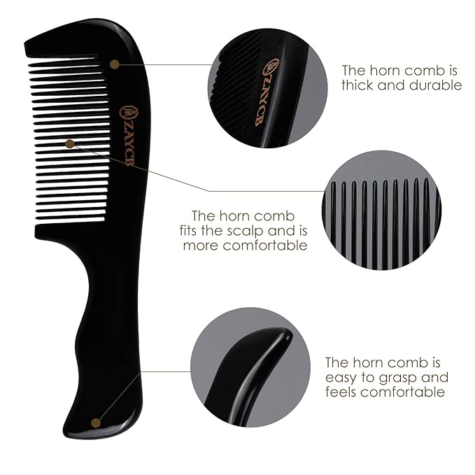 Hair Comb, 100% Buffalo Horn Fine Tooth Comb, Anti-Static Hair Styling Detangling Comb for Men, Women and Kids, For All Hair Types (Black)