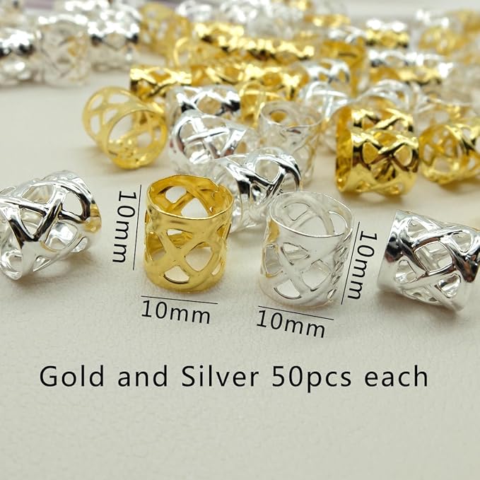 100pcs Gold and Silver Dreadlock Accessories Hair Cuffs for Braids Loc Jewelry Rings Adjustable Hair Beads for Women and Girls