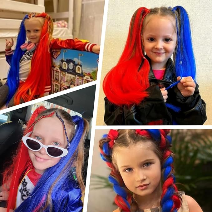2 Pack Braid Ponytail Extension with Elastic Tie Straight Sleek Wrap Around Braid in Extensions Red Blue Contrast 26 Inch Hair Braid Extensions Ponytail for Girls(Red/Blue#)