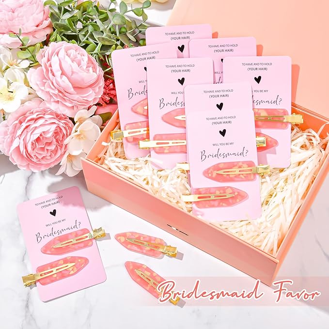 20PCS Bridesmaid Hair Clips - No Bend, Creaseless Pink Hair Accessories for Bride, Women & Girls (20Pcs/10Cards)
